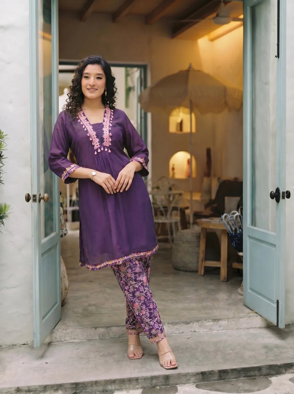 Eggplant Purple Kurta Set with Cowrie Shell Detailing & Floral Chinnon Pants