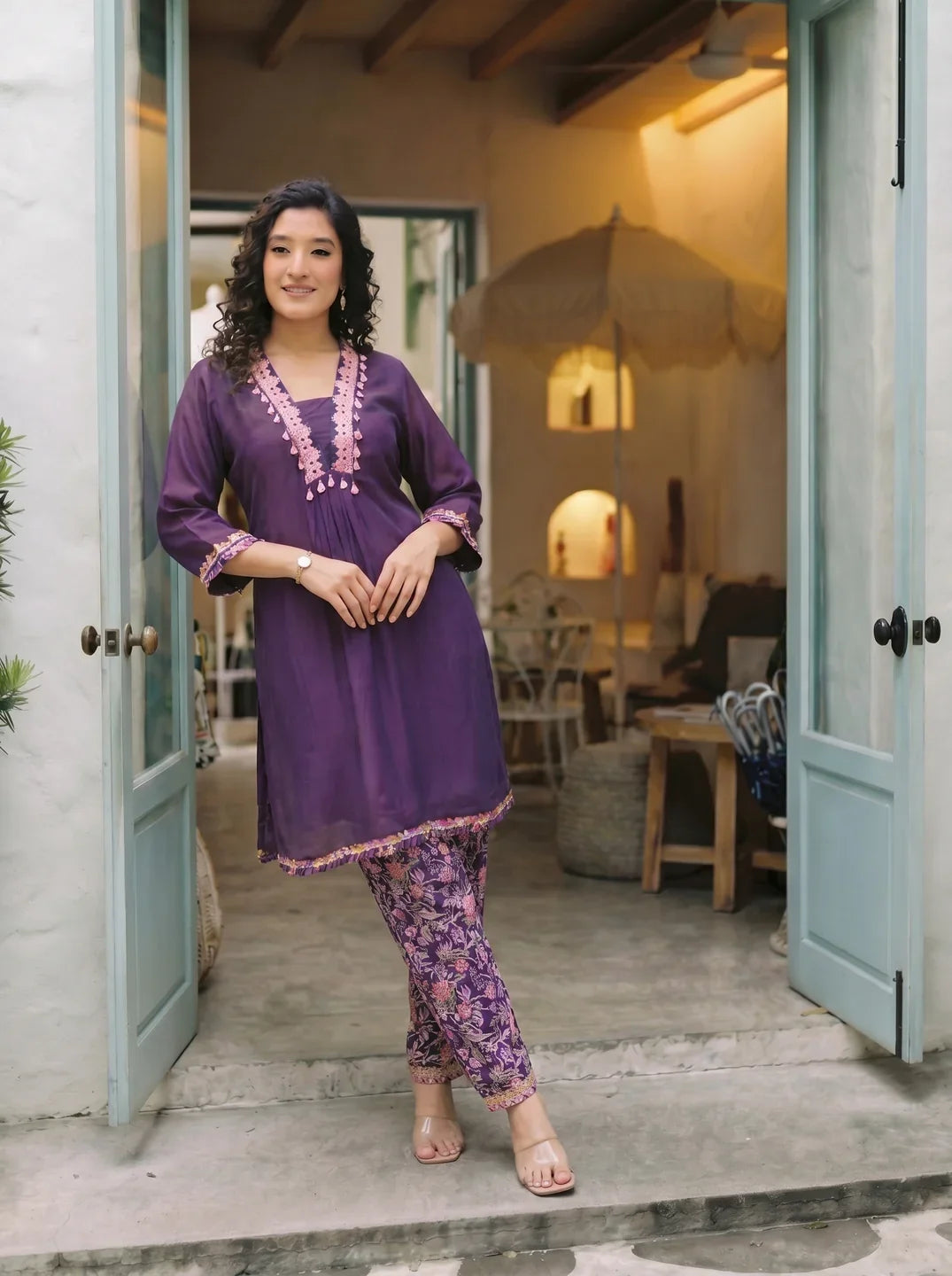Eggplant Purple Kurta Set with Cowrie Shell Detailing & Floral Chinnon Pants