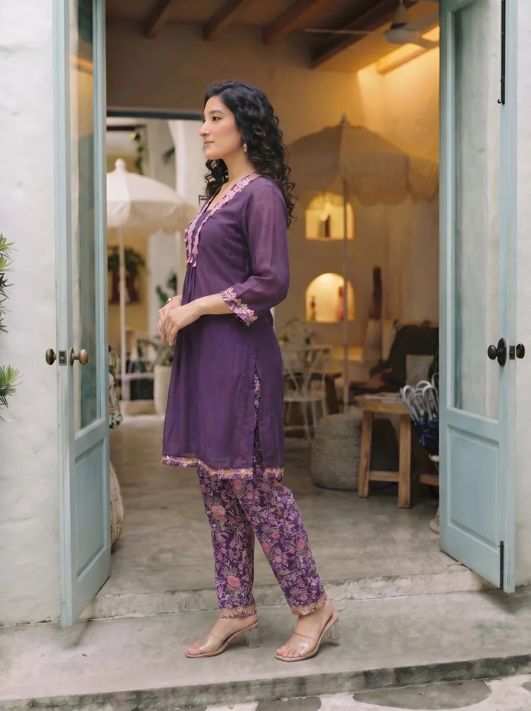 Eggplant Purple Kurta Set with Cowrie Shell Detailing & Floral Chinnon Pants