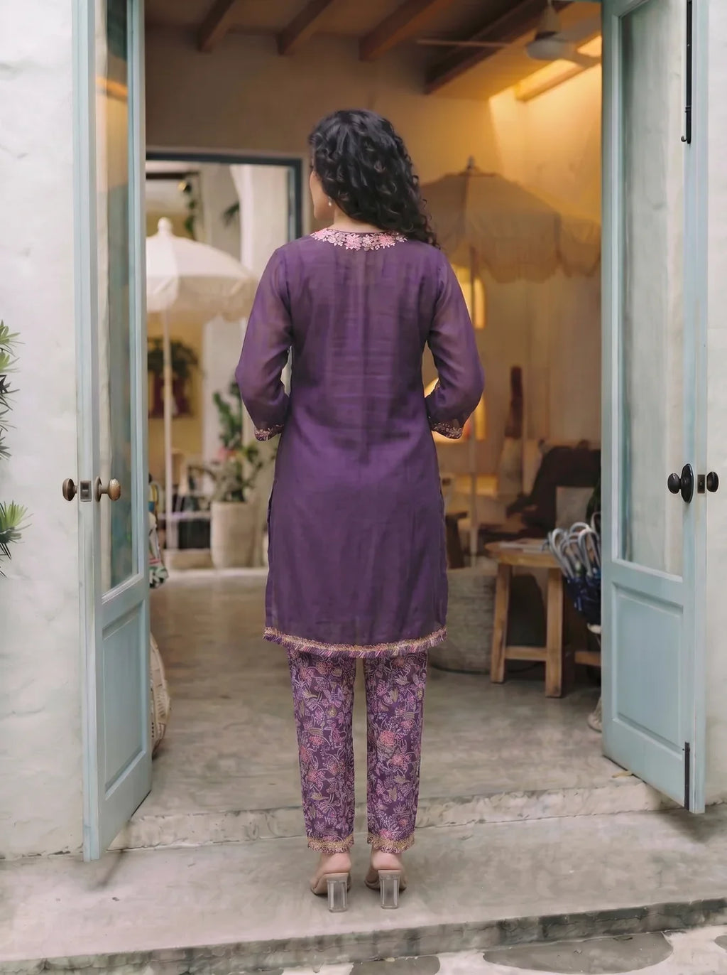Eggplant Purple Kurta Set with Cowrie Shell Detailing & Floral Chinnon Pants