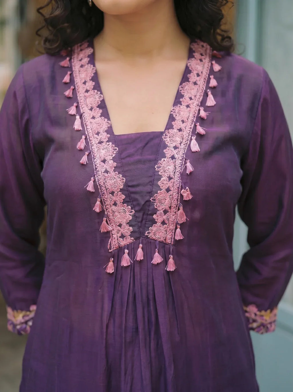 Eggplant Purple Kurta Set with Cowrie Shell Detailing & Floral Chinnon Pants