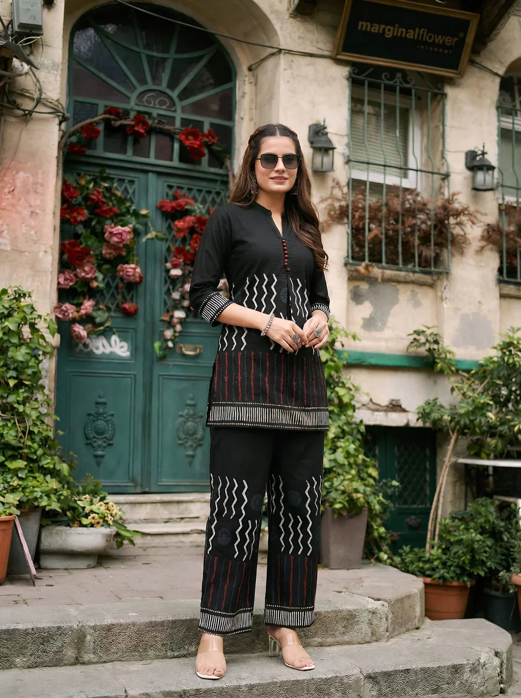 Black Zigzag & Line Printed Co-ord Set in Cotton