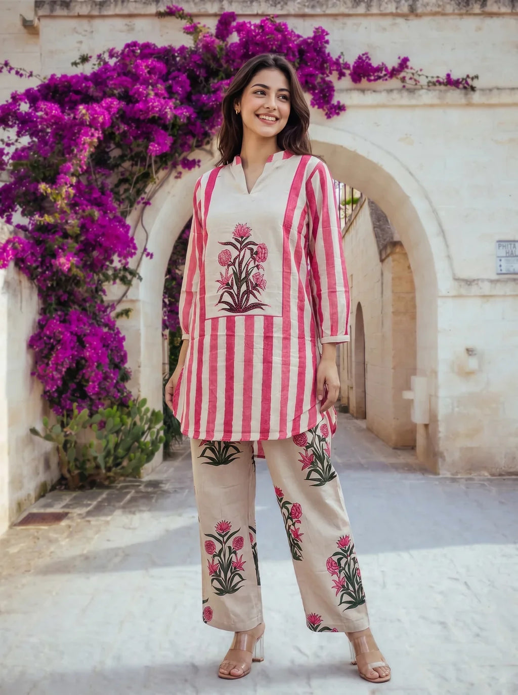 Hot Pink & Beige Printed Cotton Co-ord Set