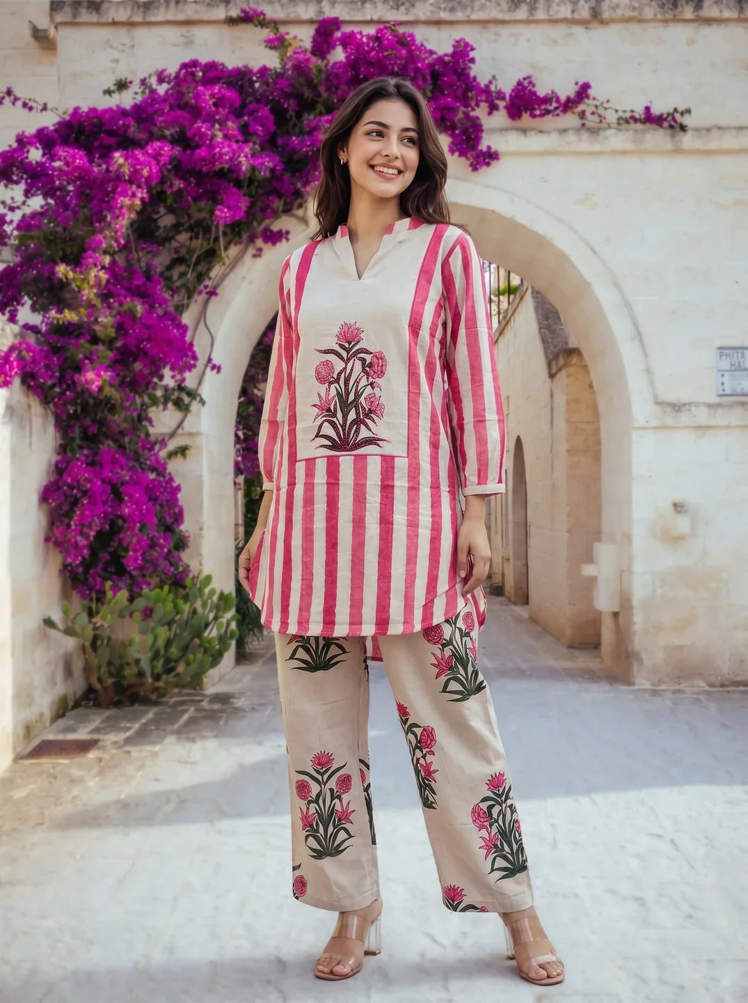 Hot Pink & Beige Printed Cotton Co-ord Set