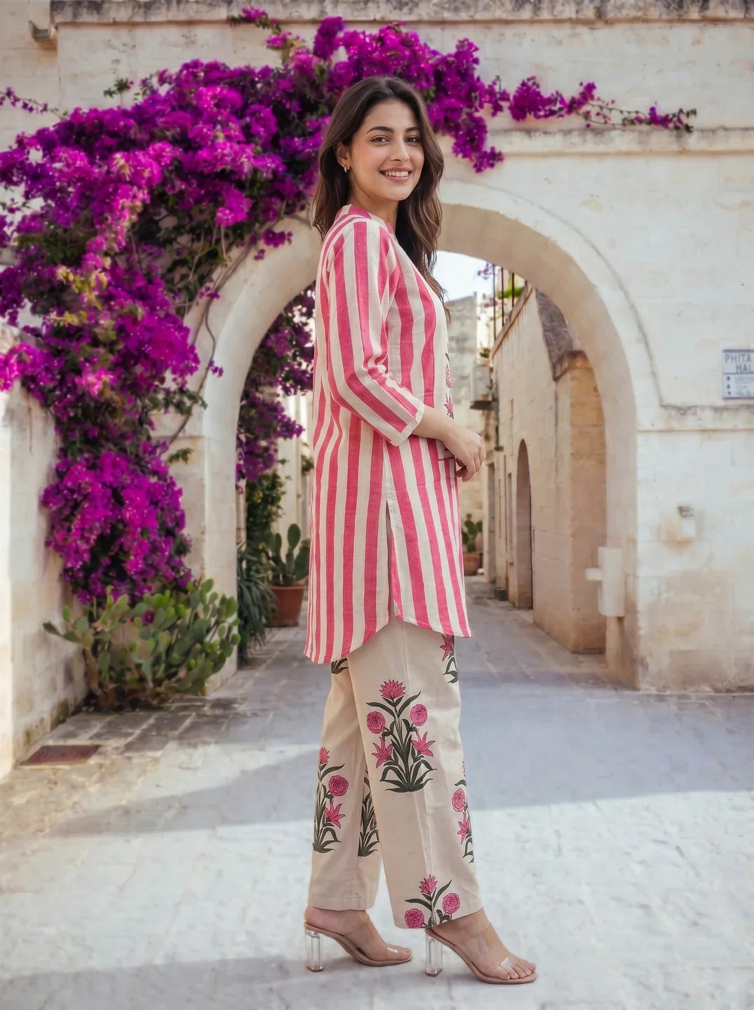 Hot Pink & Beige Printed Cotton Co-ord Set