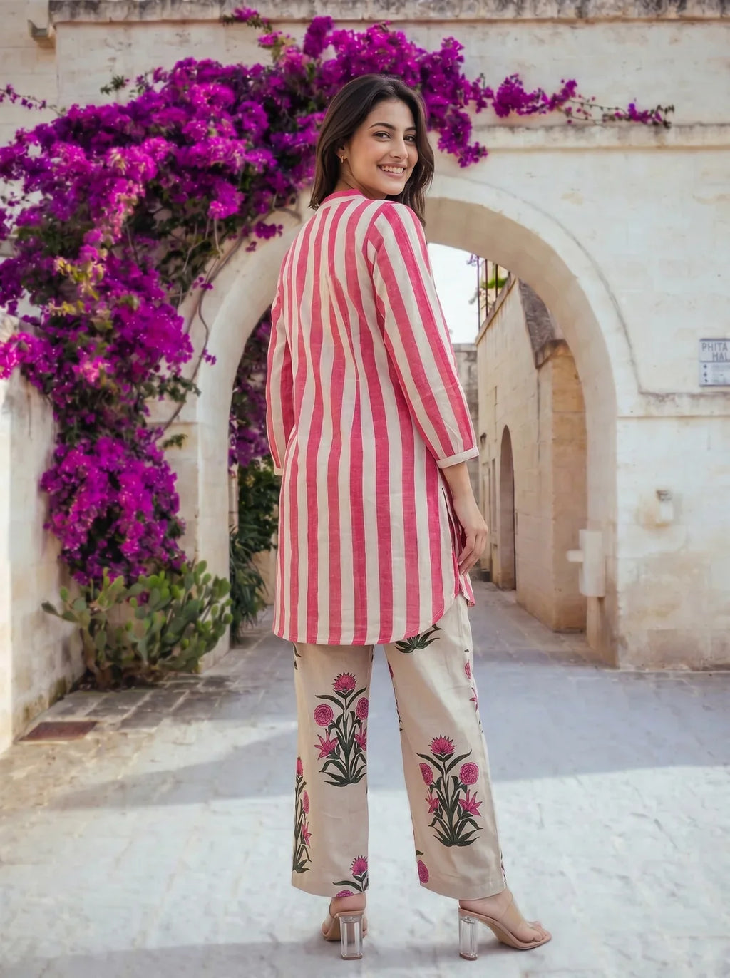 Hot Pink & Beige Printed Cotton Co-ord Set