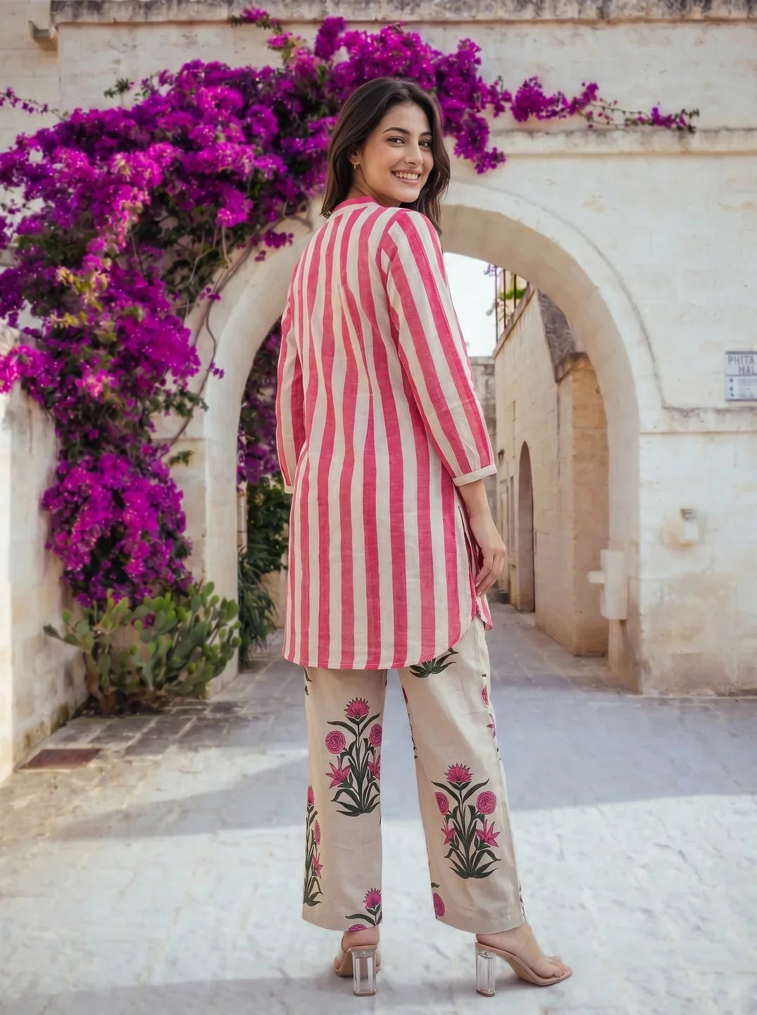 Hot Pink & Beige Printed Cotton Co-ord Set