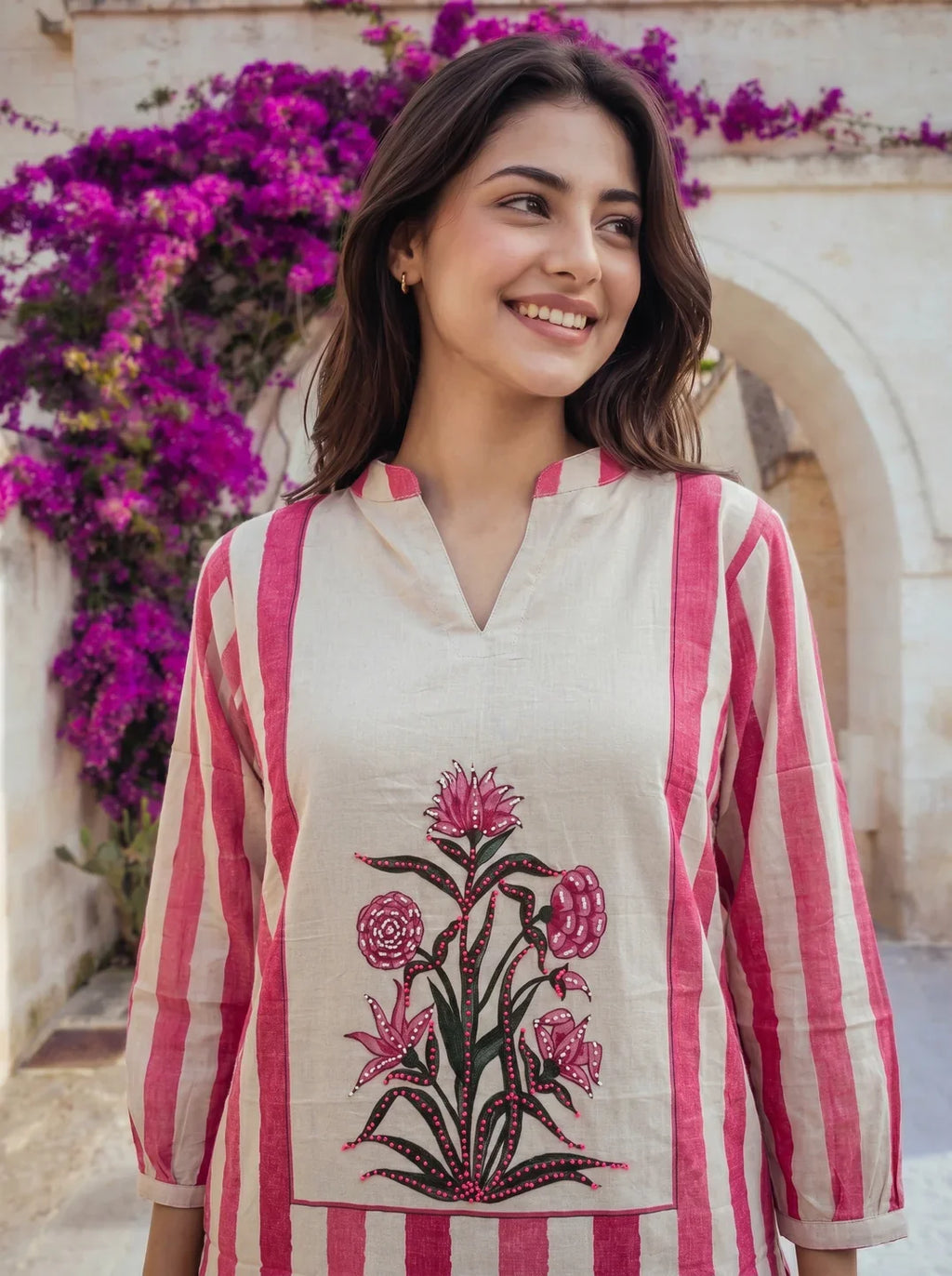 Hot Pink & Beige Printed Cotton Co-ord Set