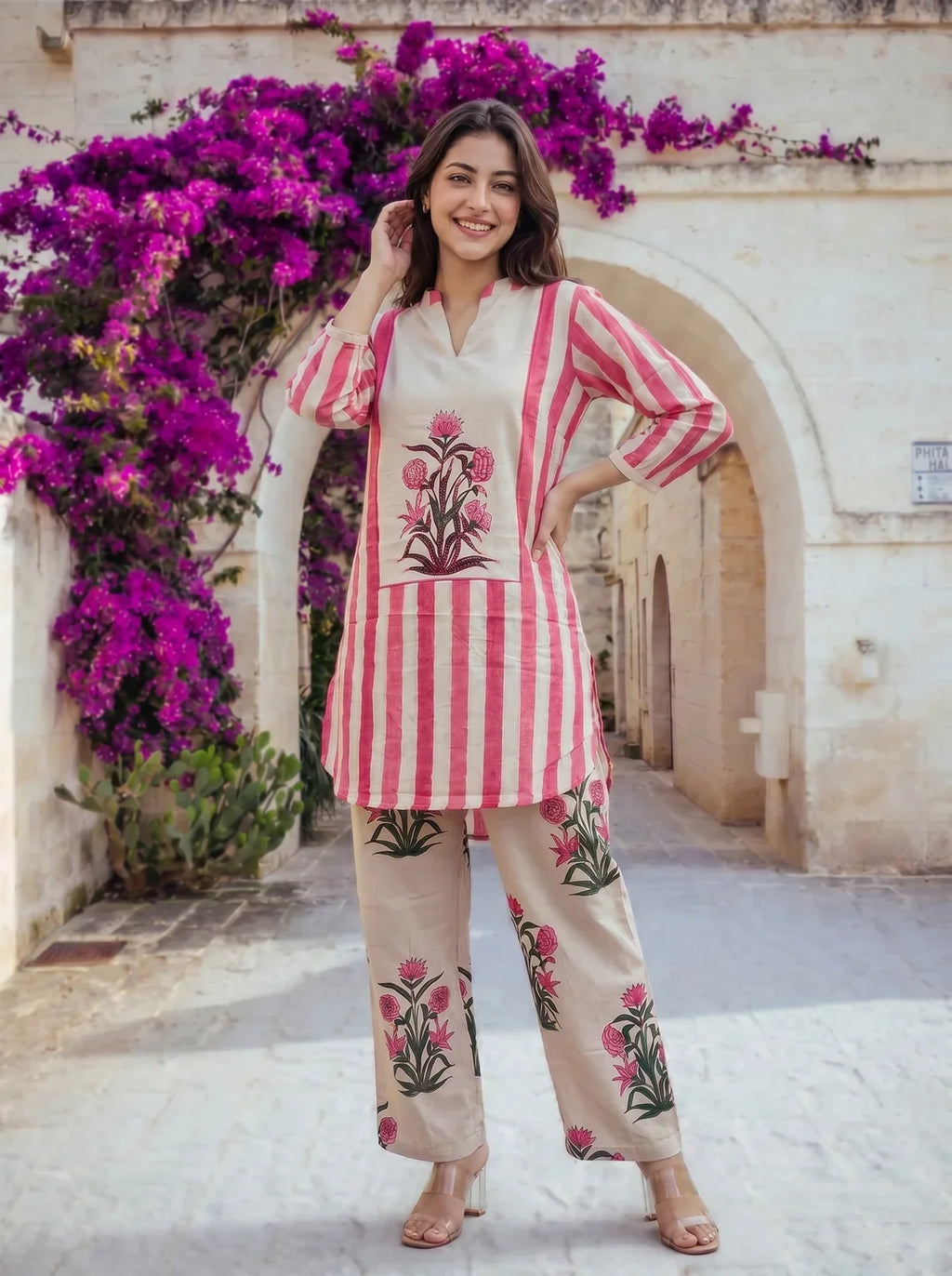 Hot Pink & Beige Printed Cotton Co-ord Set