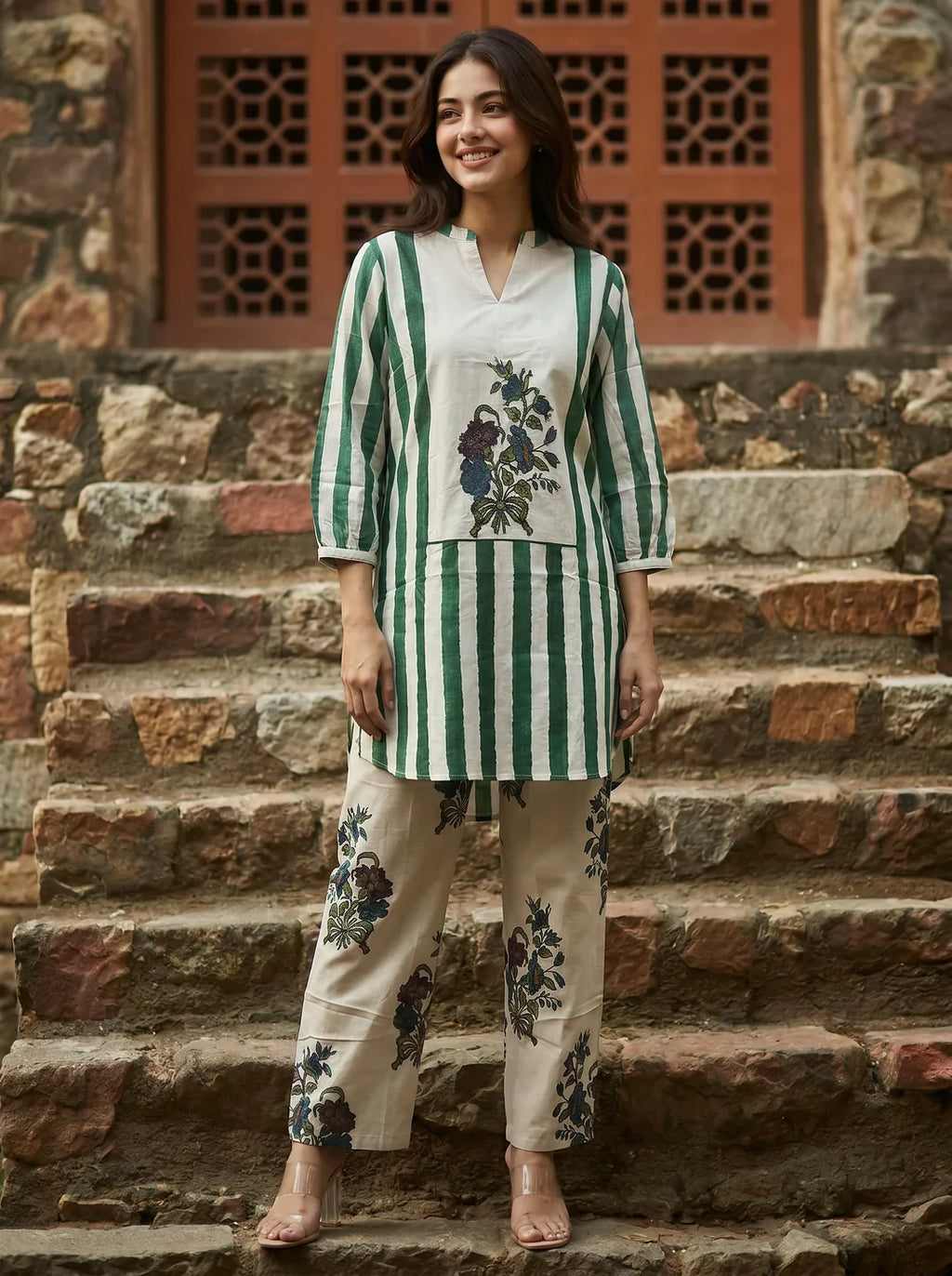 Emerald Green & Beige Printed Cotton Co-ord Set