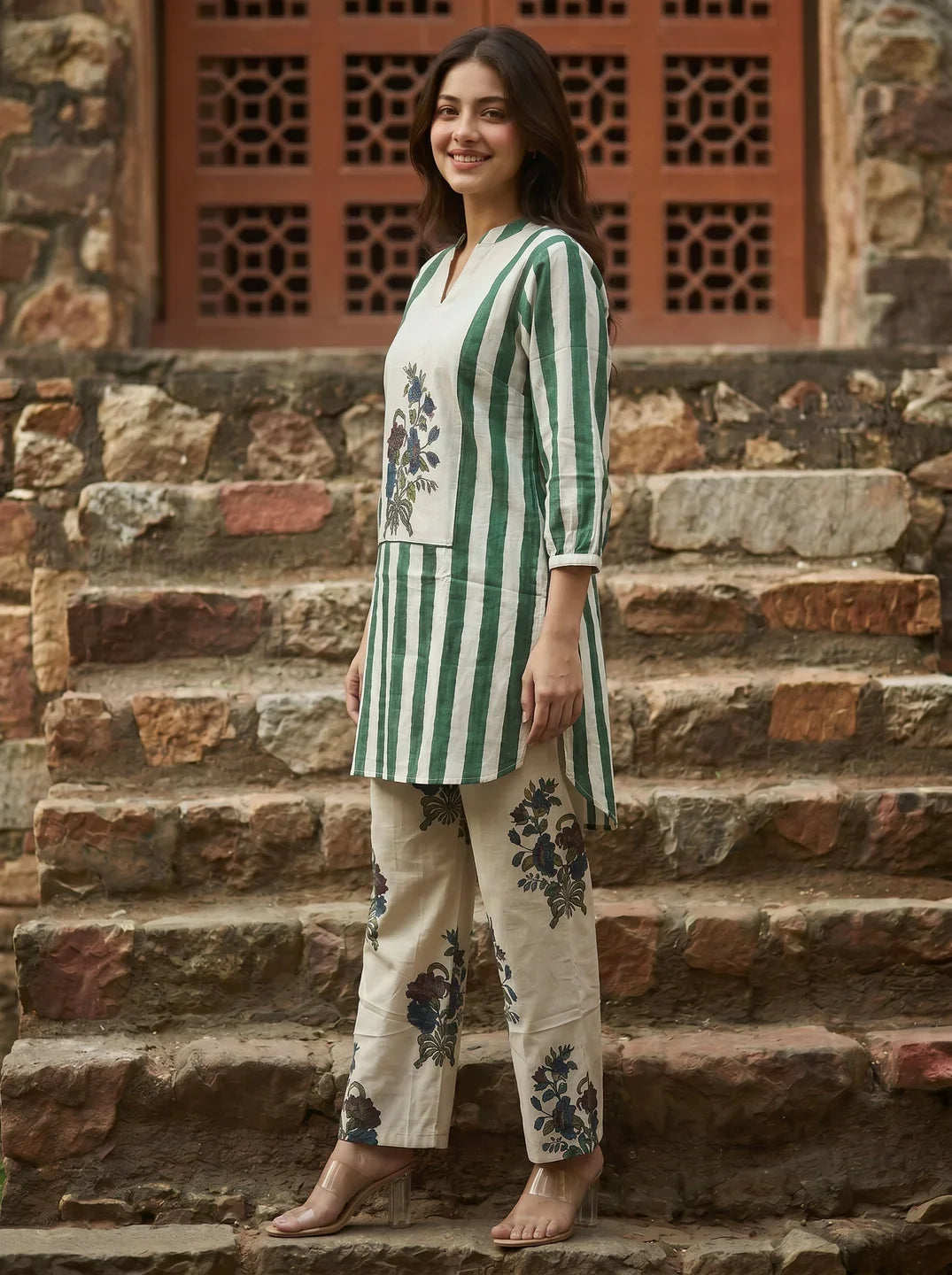 Emerald Green & Beige Printed Cotton Co-ord Set