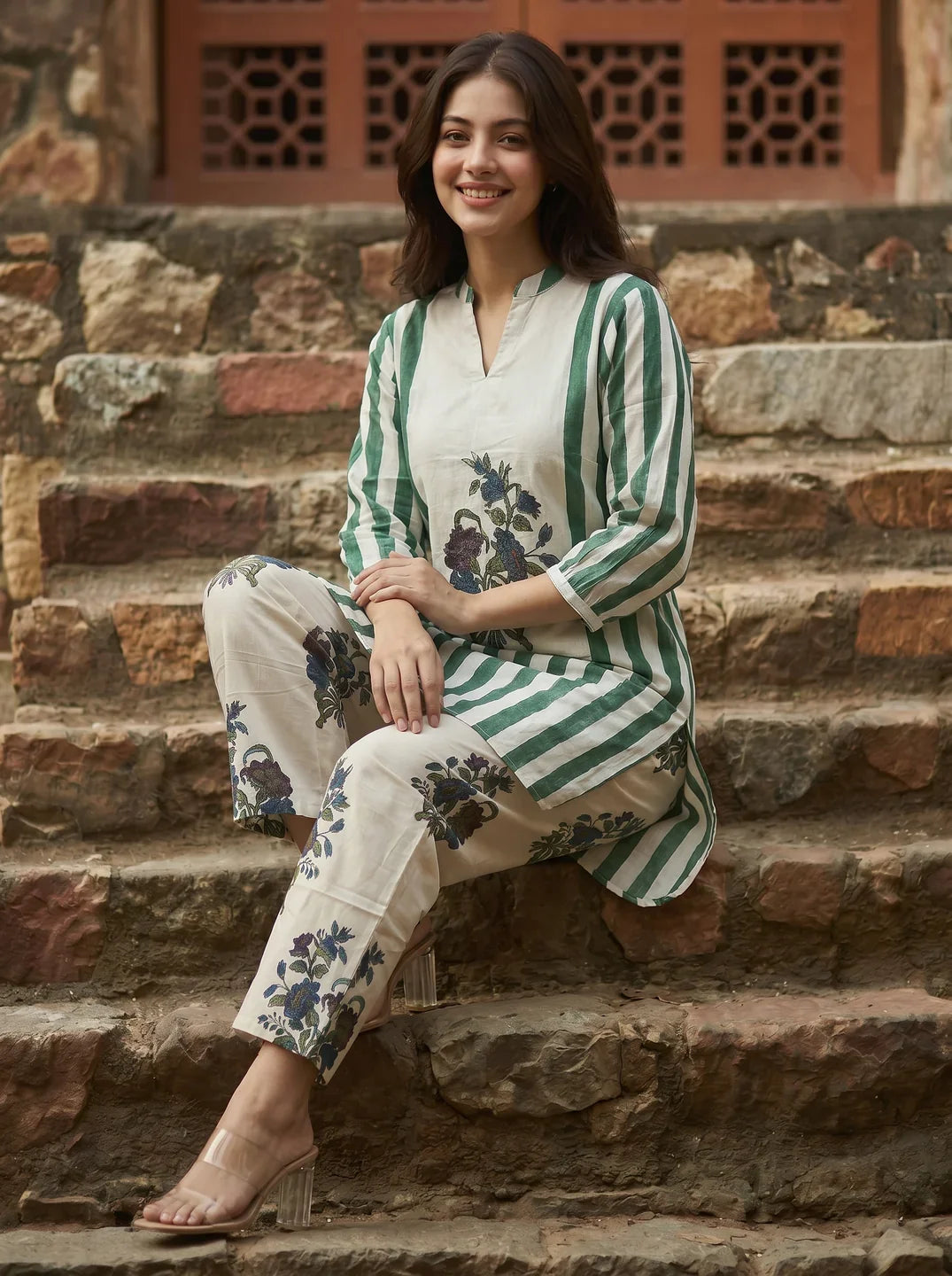 Emerald Green & Beige Printed Cotton Co-ord Set