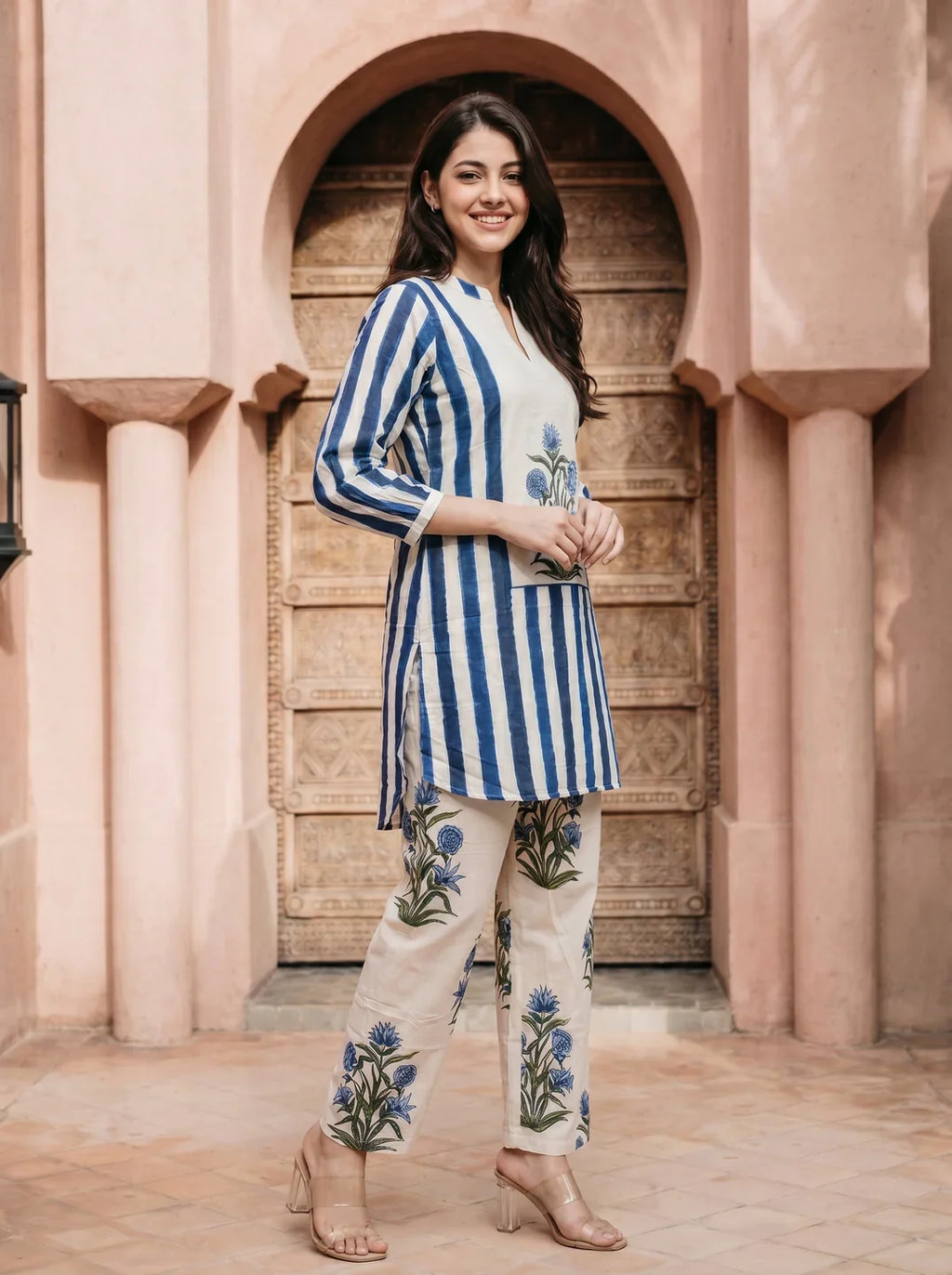 Dark Blue & Beige Printed Cotton Co-ord Set