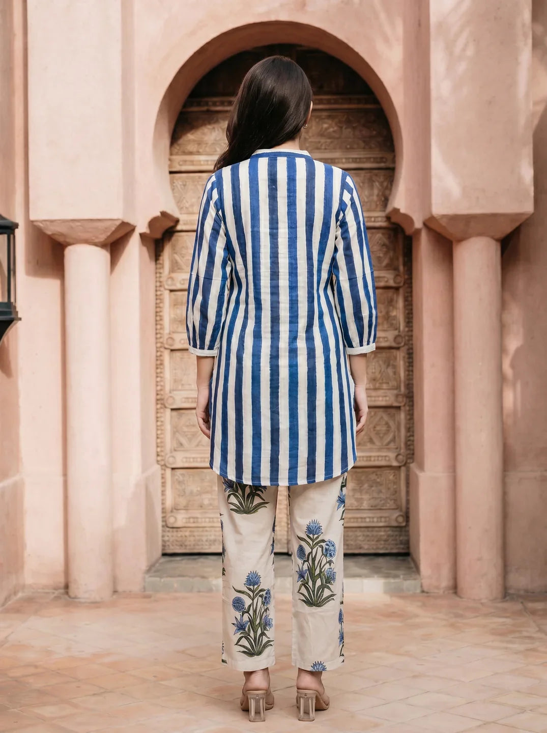 Dark Blue & Beige Printed Cotton Co-ord Set