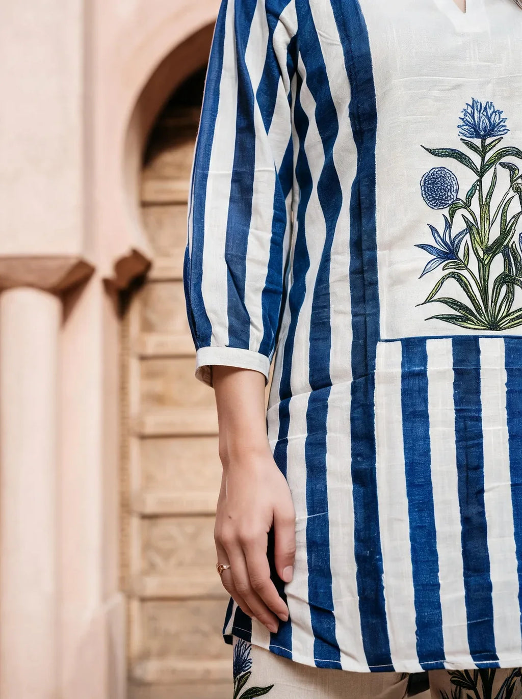 Dark Blue & Beige Printed Cotton Co-ord Set