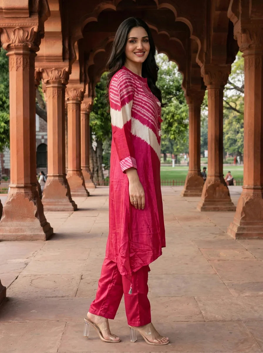 Hot Pink Tie-Dye Kurta Co-ord Set in Viscose