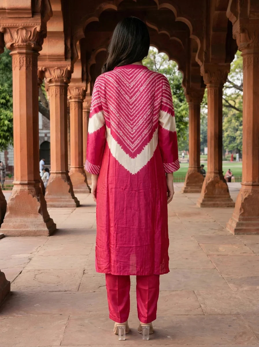 Hot Pink Tie-Dye Kurta Co-ord Set in Viscose