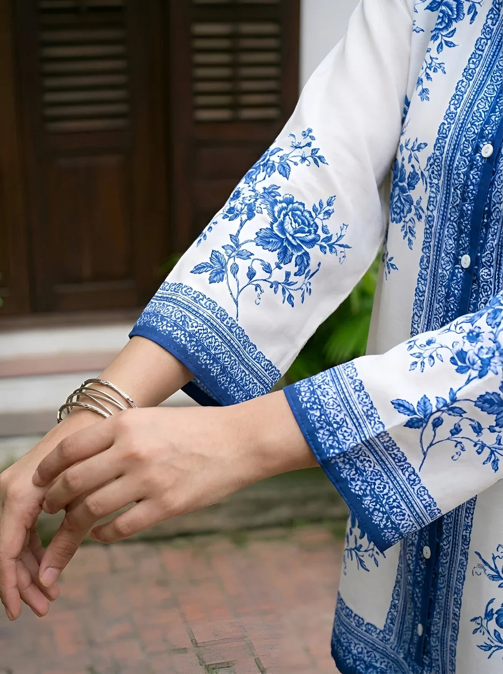 White & Blue Floral Border Print Muslin Co-Ord Set
