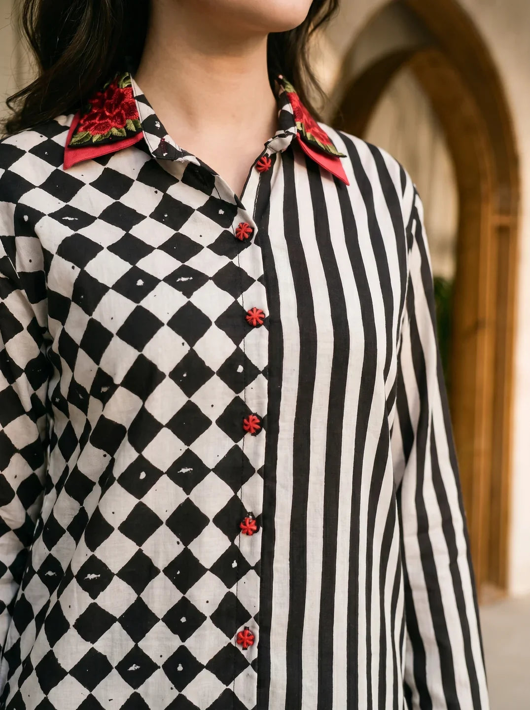 Partial Stripes and Chess Black & White Muslin Co-Ord Set