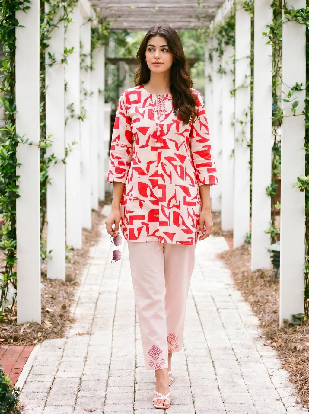 Cream & Red Abstract Print Cotton Flex Co-ord Set