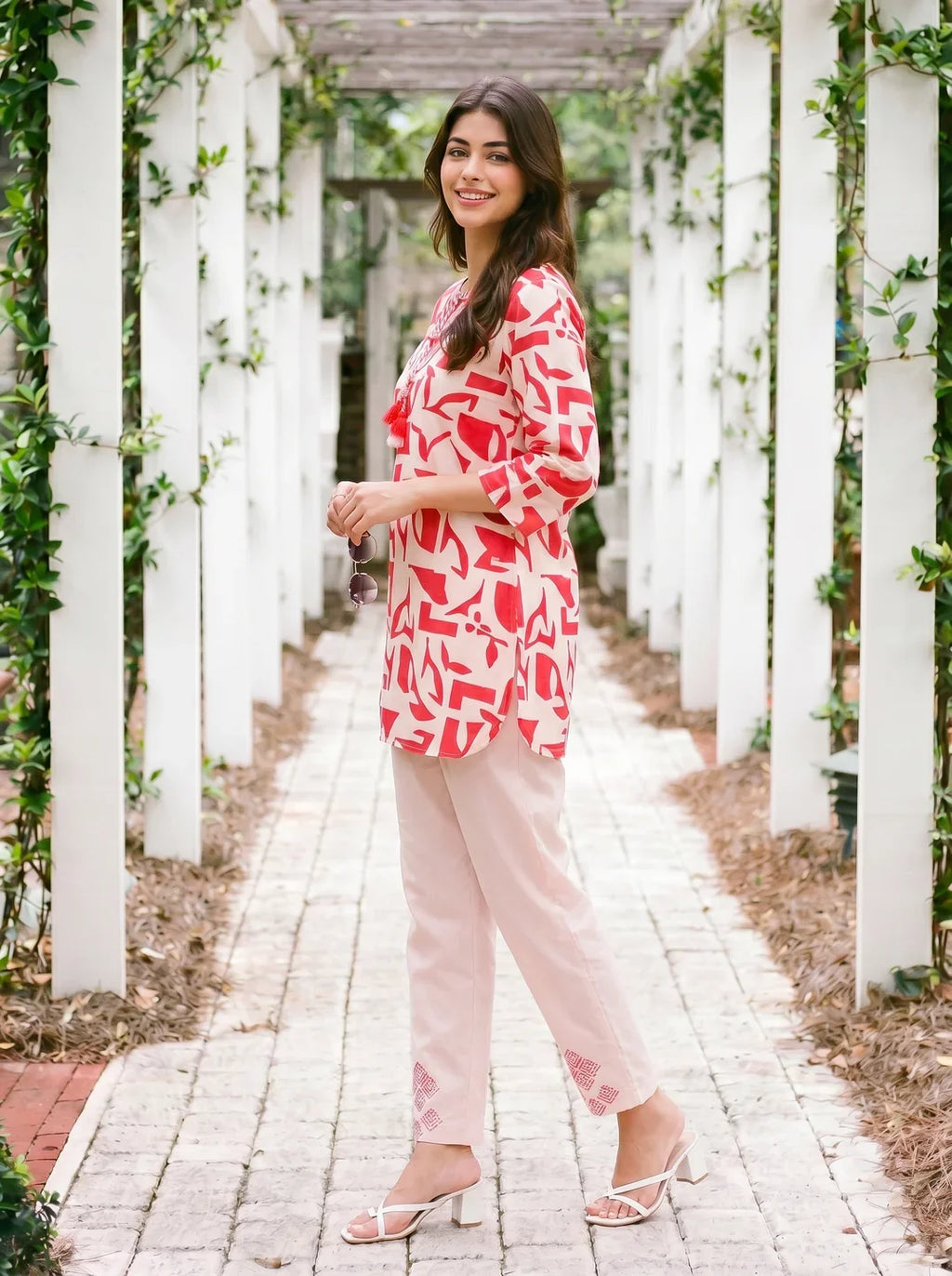 Cream & Red Abstract Print Cotton Flex Co-ord Set