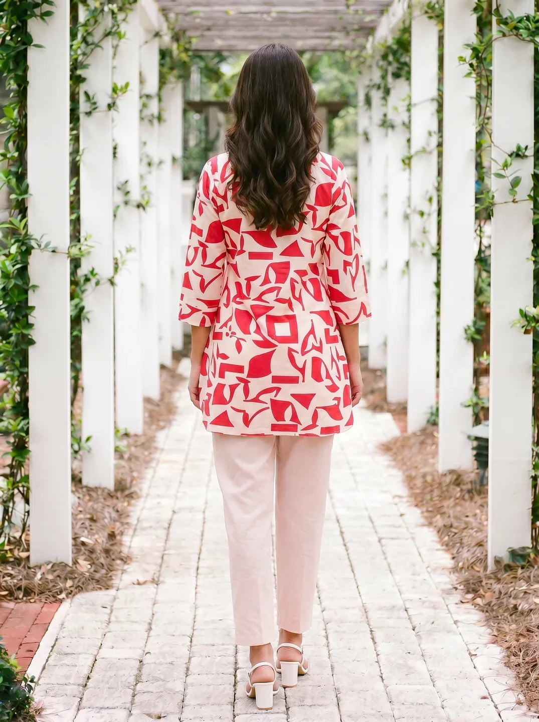 Cream & Red Abstract Print Cotton Flex Co-ord Set