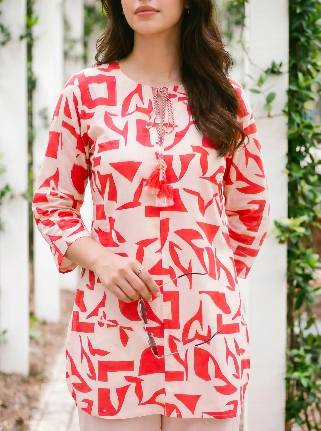 Cream & Red Abstract Print Cotton Flex Co-ord Set