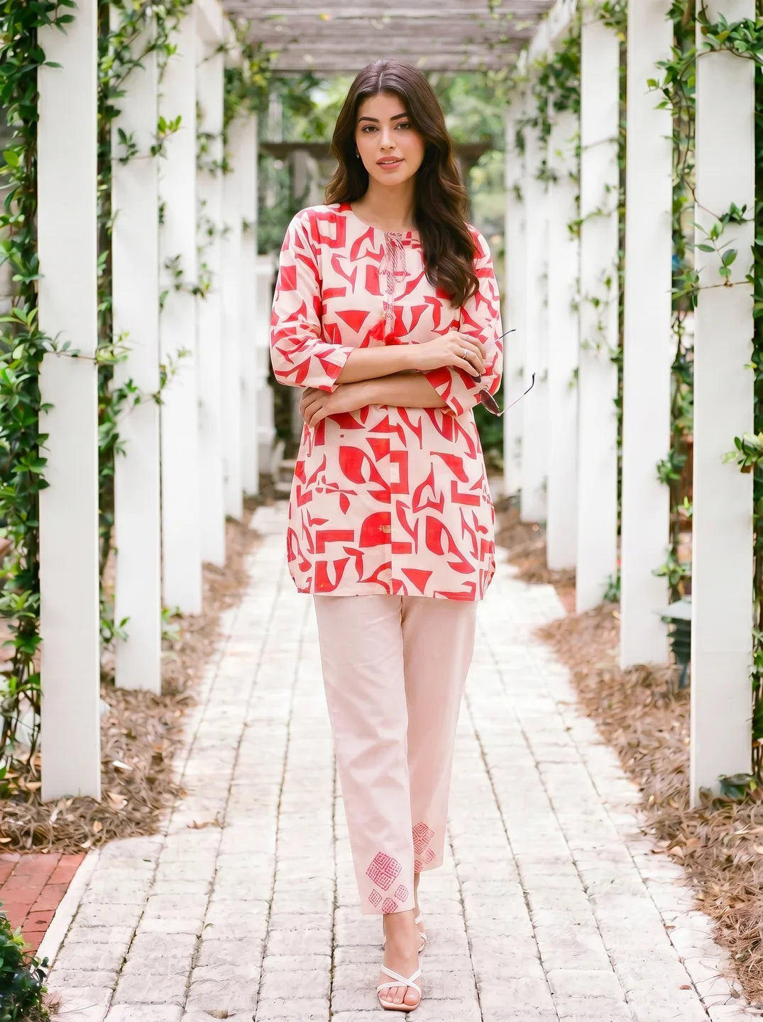 Cream & Red Abstract Print Cotton Flex Co-ord Set