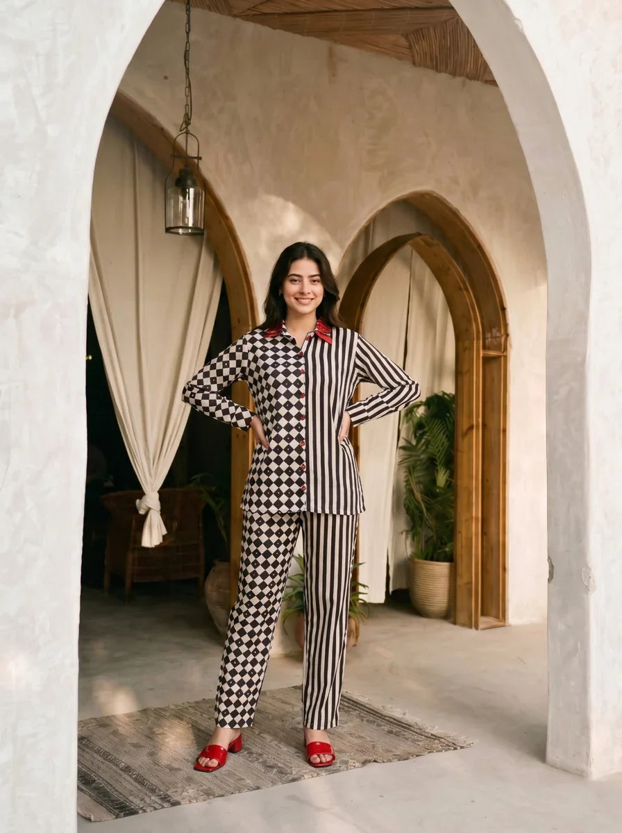 Partial Stripes and Chess Black & White Muslin Co-Ord Set