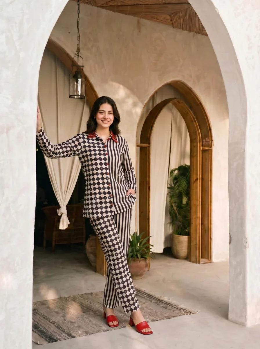 Partial Stripes and Chess Black & White Muslin Co-Ord Set