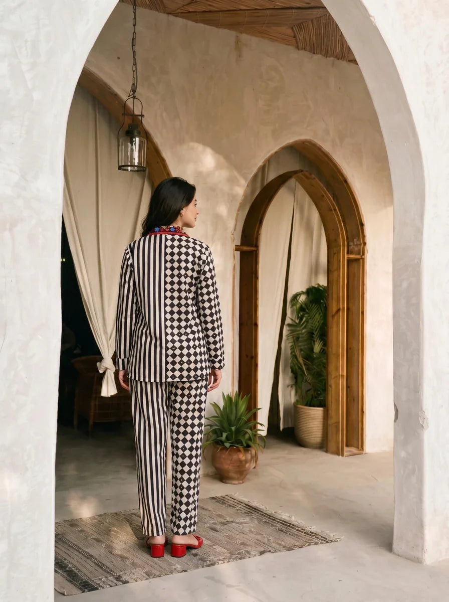Partial Stripes and Chess Black & White Muslin Co-Ord Set