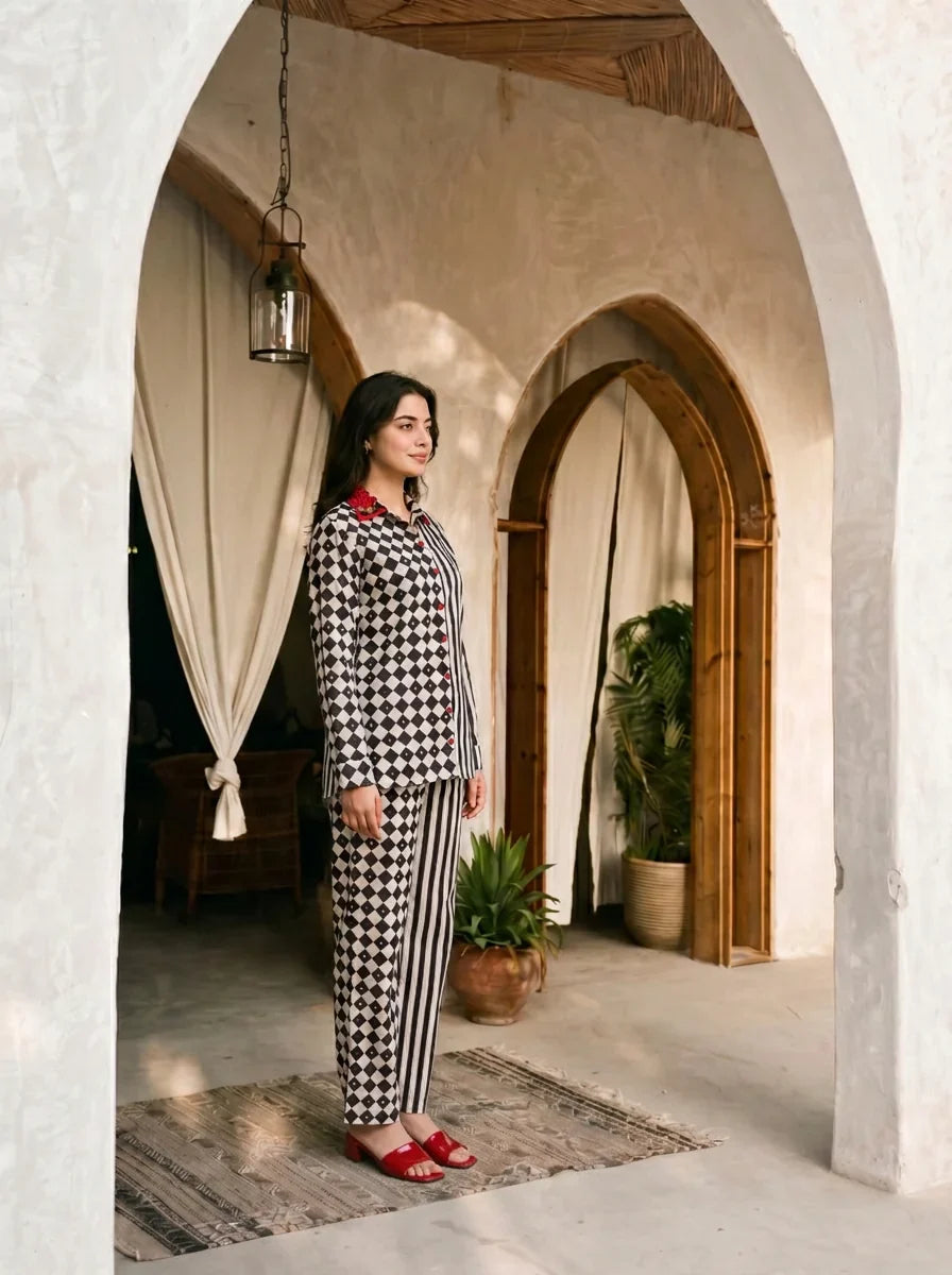 Partial Stripes and Chess Black & White Muslin Co-Ord Set