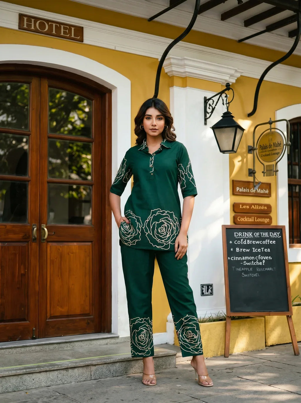 Bottle Green Floral Printed Cotton Co-Ord Set with Notch Collar