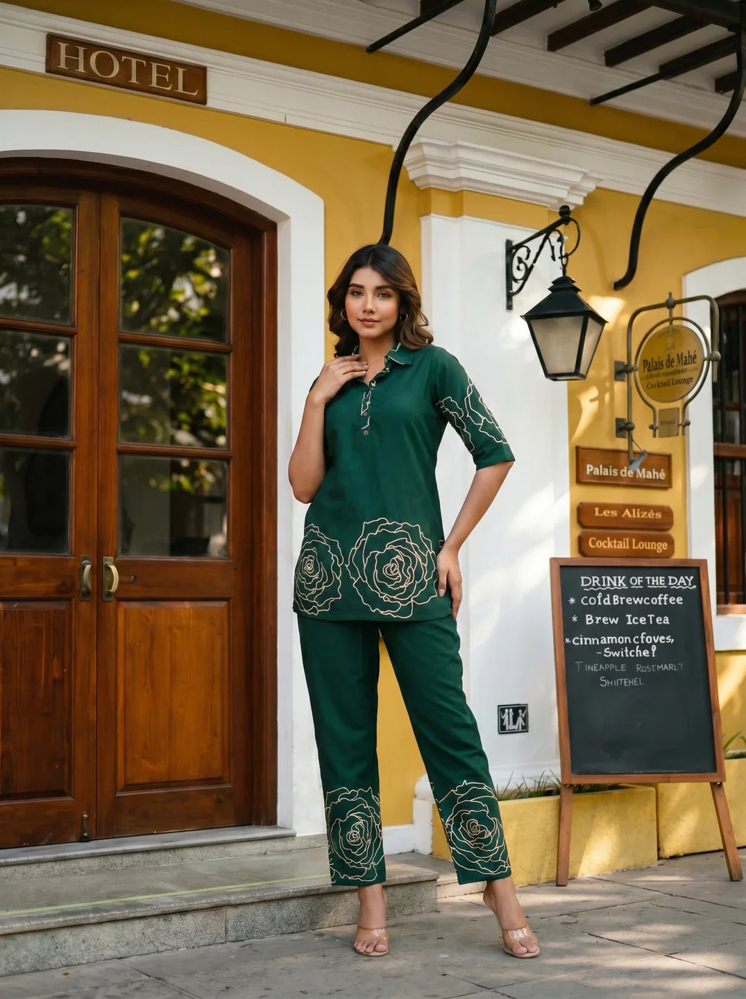 Bottle Green Floral Printed Cotton Co-Ord Set with Notch Collar
