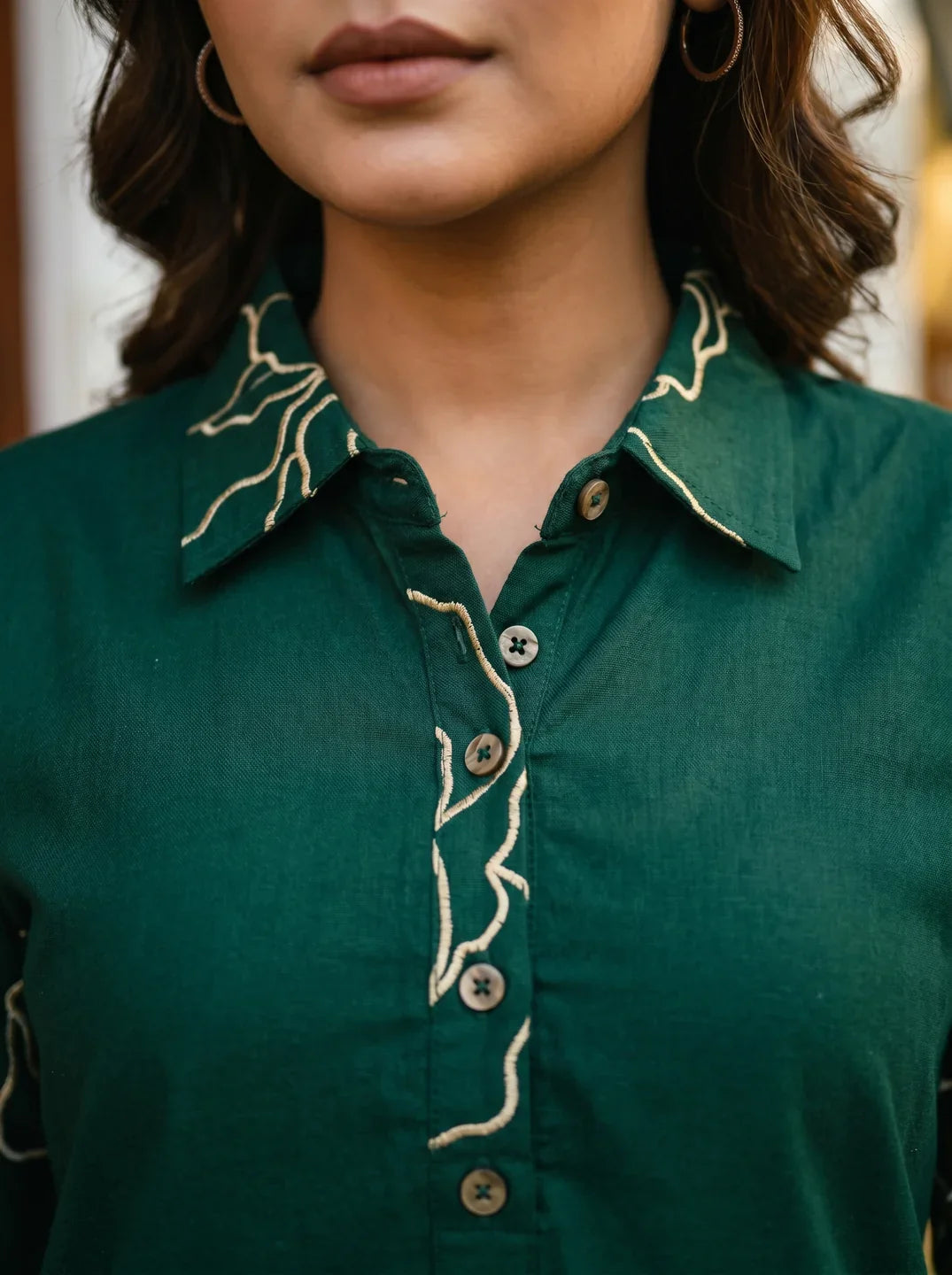 Bottle Green Floral Printed Cotton Co-Ord Set with Notch Collar