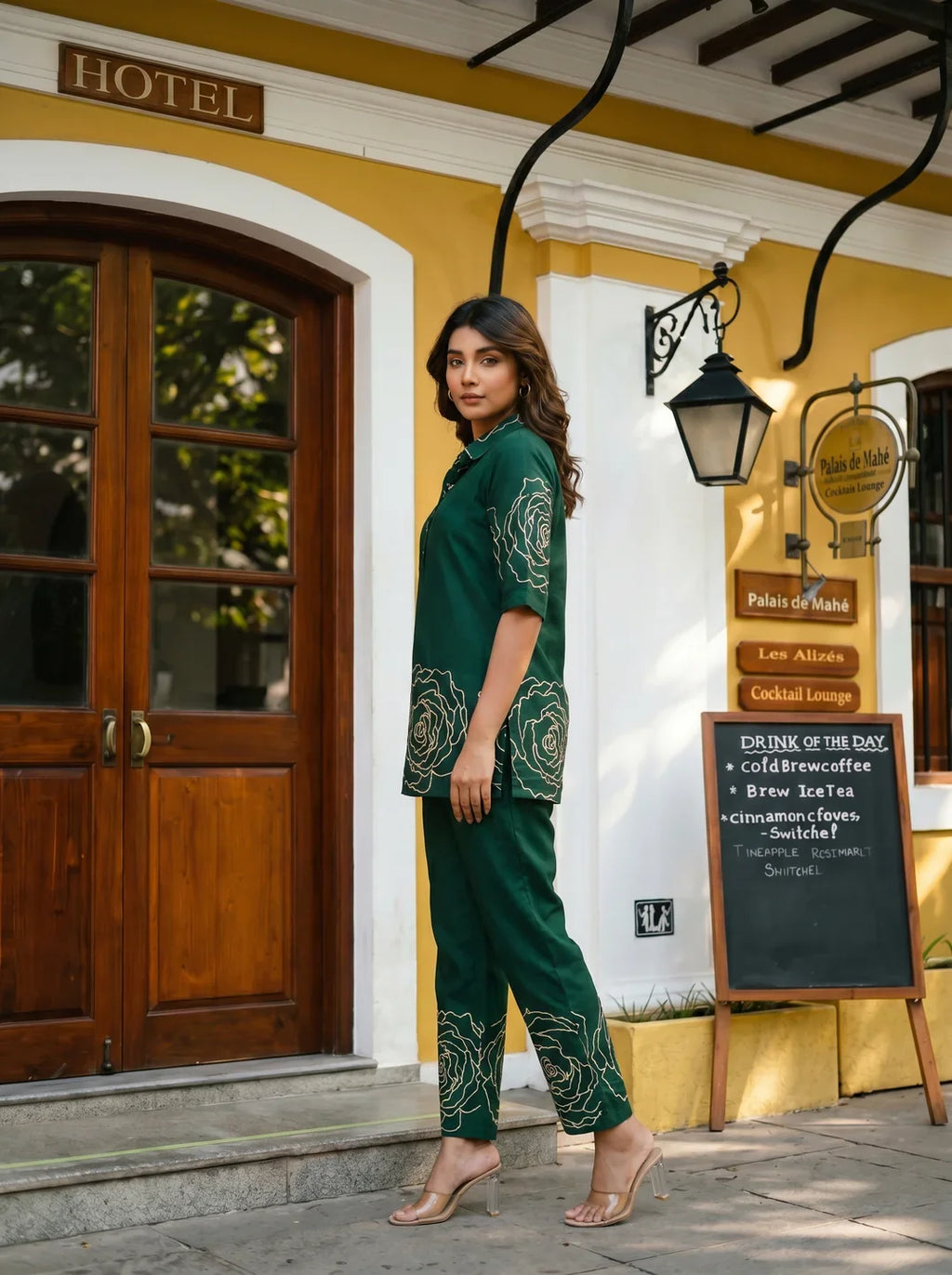 Bottle Green Floral Printed Cotton Co-Ord Set with Notch Collar