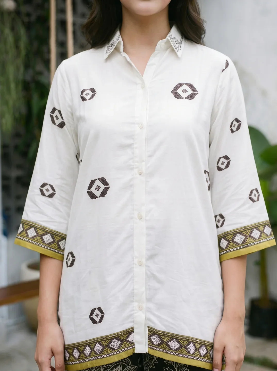 White-Yellow Salli Work Border Print Co-ord Set in Muslin