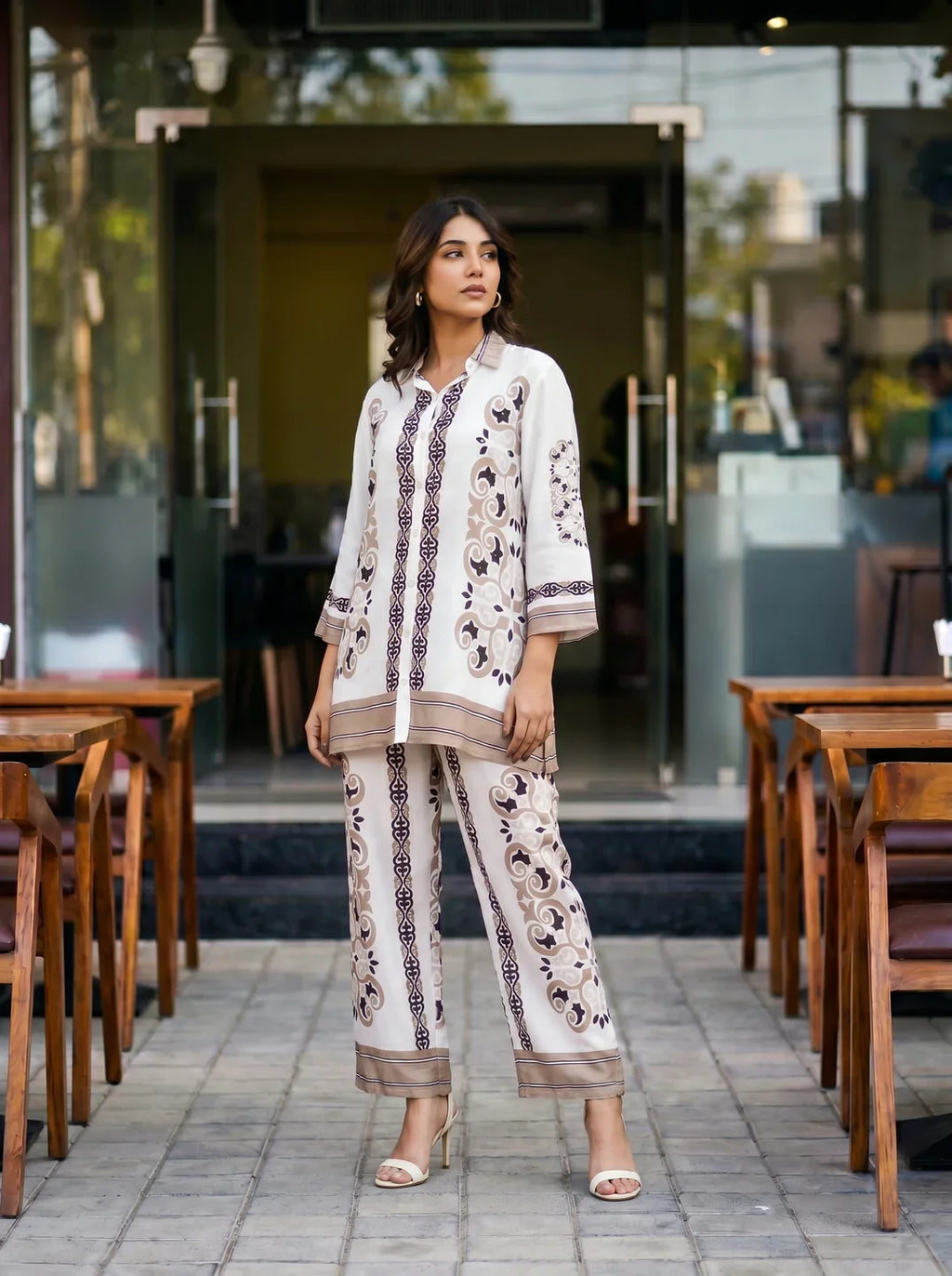 White & Brown Floral Placement Print Co-ord Set in Muslin