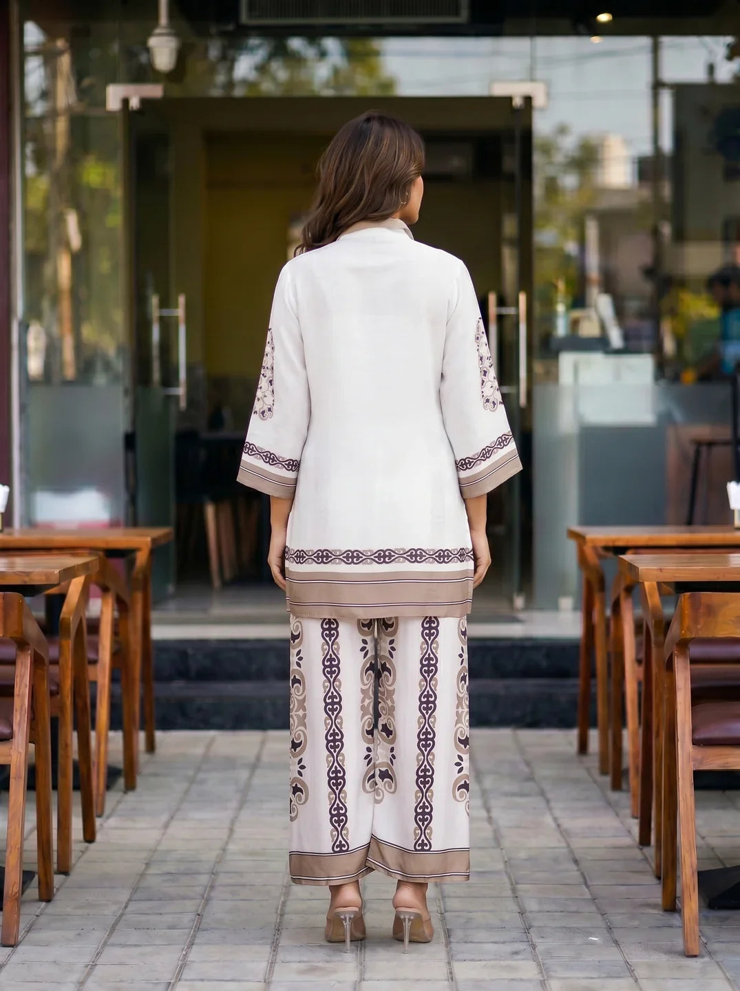 White & Brown Floral Placement Print Co-ord Set in Muslin