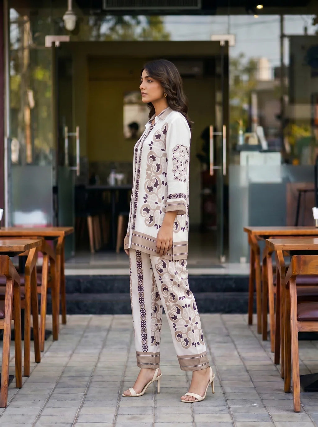White & Brown Floral Placement Print Co-ord Set in Muslin