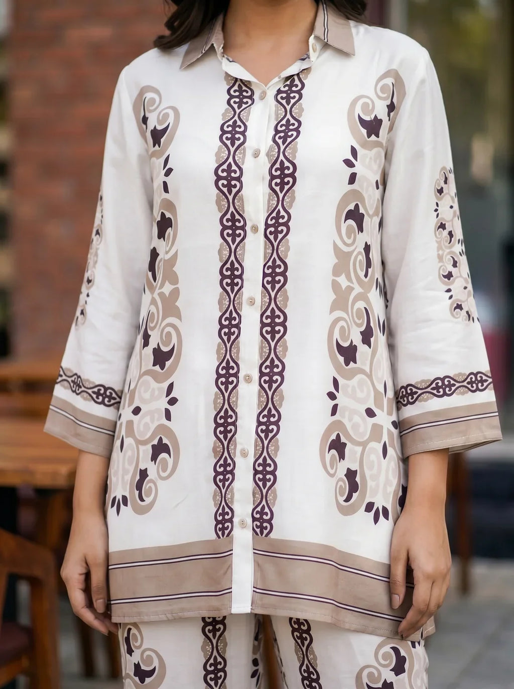 White & Brown Floral Placement Print Co-ord Set in Muslin