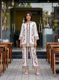 White & Brown Floral Placement Print Co-ord Set in Muslin