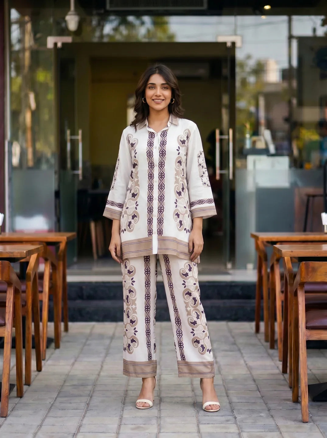 White & Brown Floral Placement Print Co-ord Set in Muslin