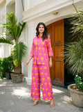 Bright Pink Printed Shirt Collar Co-ord Set in Cotton Cambric