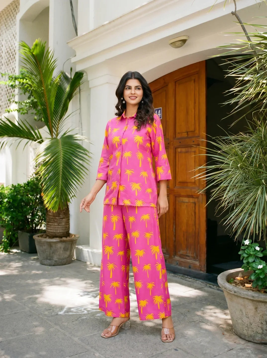 Bright Pink Printed Shirt Collar Co-ord Set in Cotton Cambric