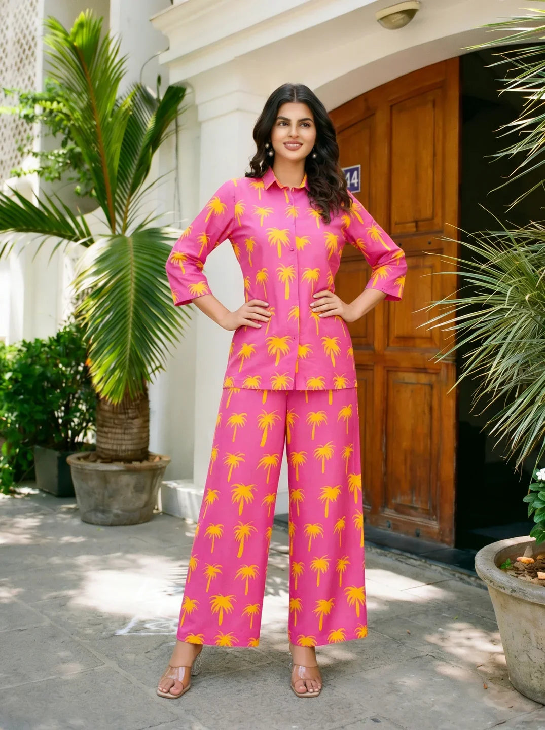 Bright Pink Printed Shirt Collar Co-ord Set in Cotton Cambric