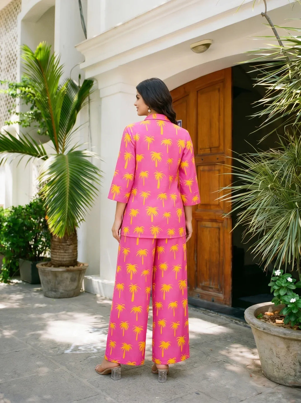 Bright Pink Printed Shirt Collar Co-ord Set in Cotton Cambric