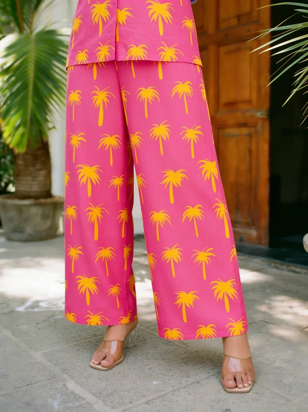 Bright Pink Printed Shirt Collar Co-ord Set in Cotton Cambric