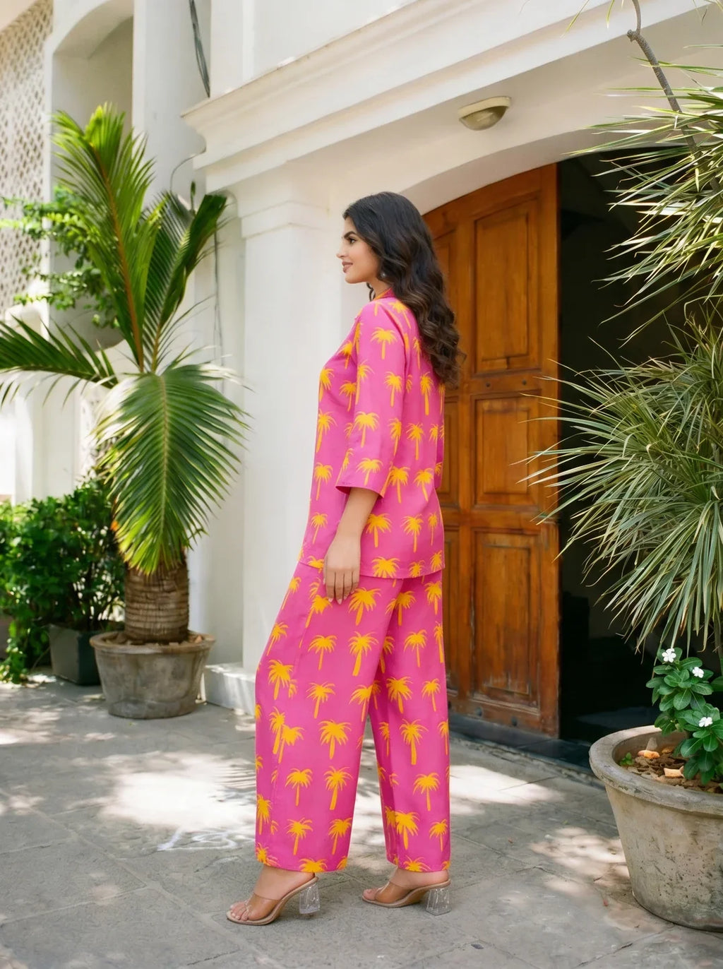 Bright Pink Printed Shirt Collar Co-ord Set in Cotton Cambric