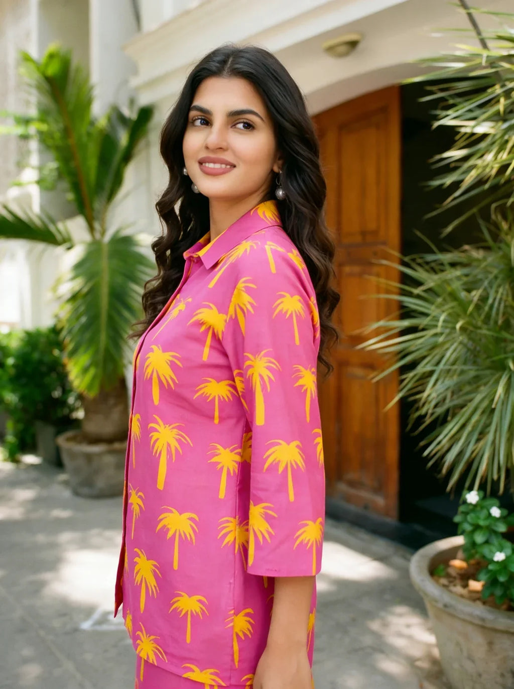 Bright Pink Printed Shirt Collar Co-ord Set in Cotton Cambric